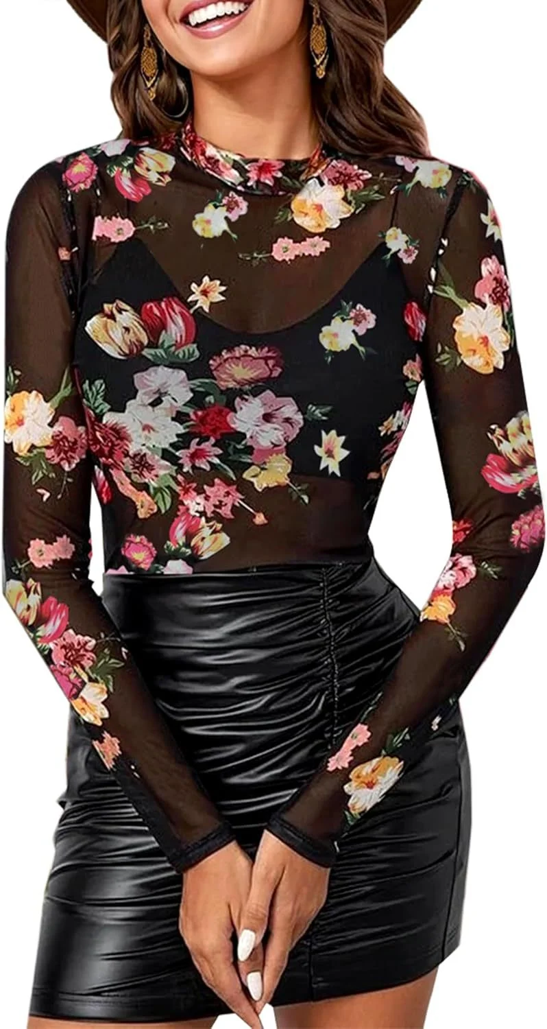 Turtleneck Long-sleeve Lace Floral Mesh Womens T-shirt — image 4