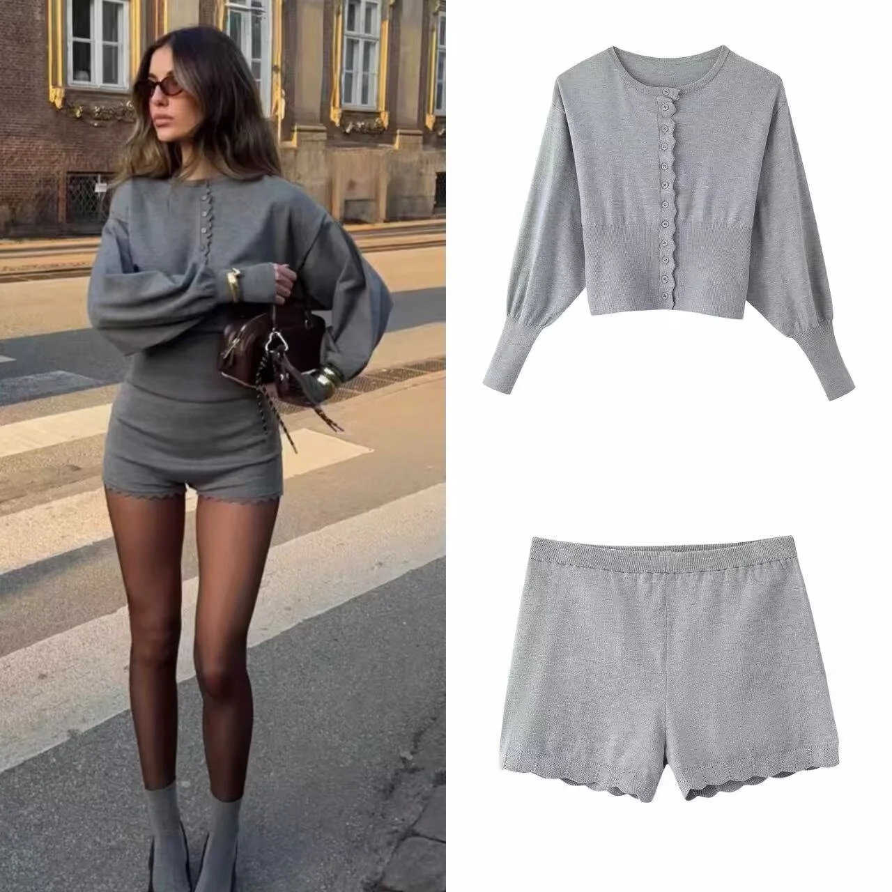 Two-color Knitted Slim-fit Top And Shorts Set — image 6