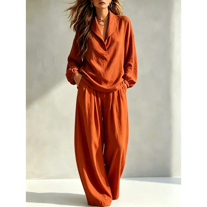 Two-piece Set Chic Lapel-collar Long-sleeve Top Relaxed Fit — image 3