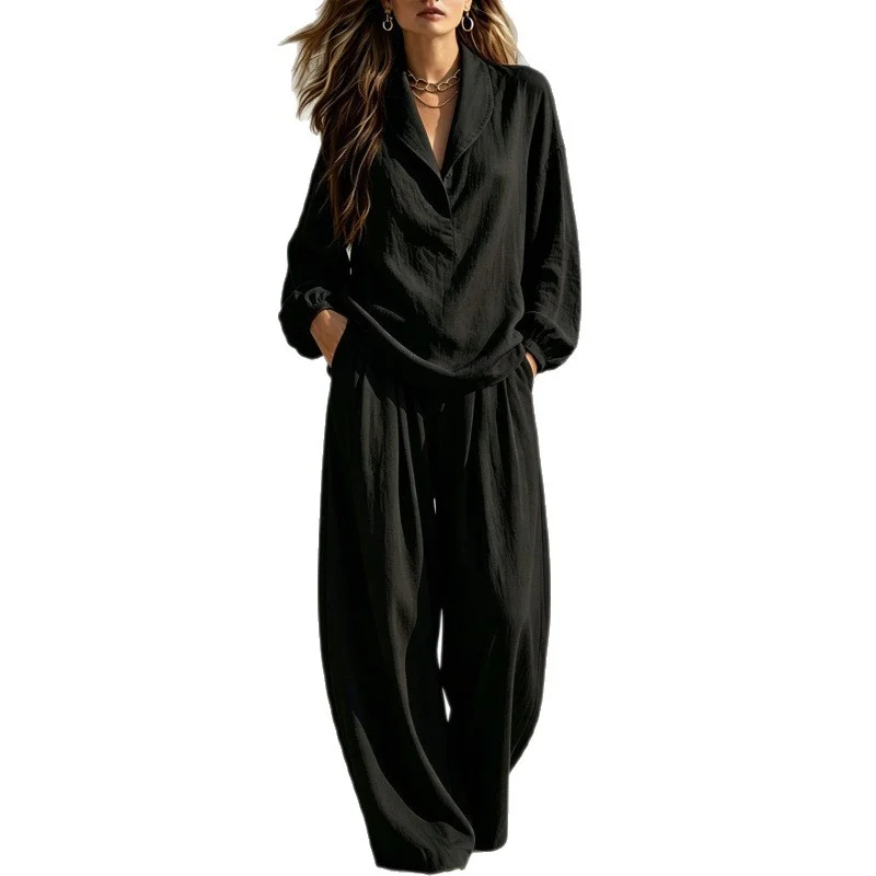 Two-piece Set Chic Lapel-collar Long-sleeve Top Relaxed Fit — image 2