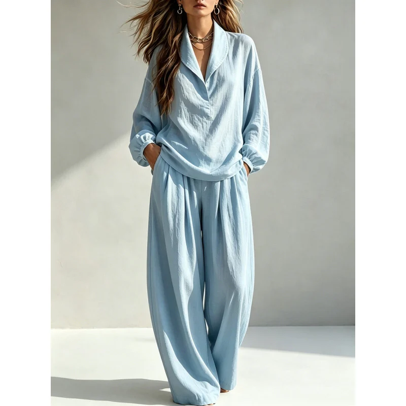 Two-piece Set Chic Lapel-collar Long-sleeve Top Relaxed Fit — image 4
