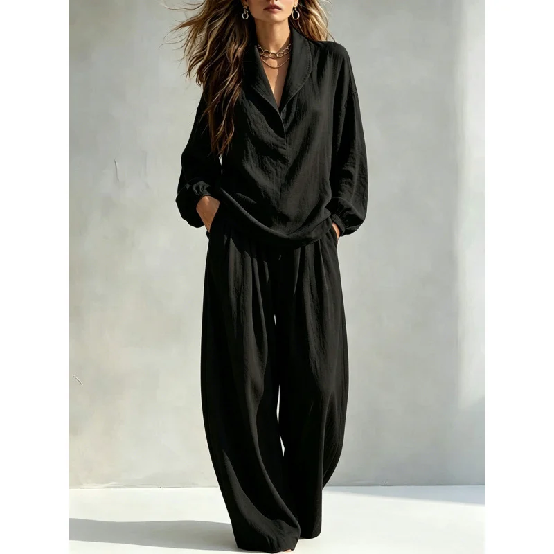 Two-piece Set Chic Lapel-collar Long-sleeve Top Relaxed Fit — image 6