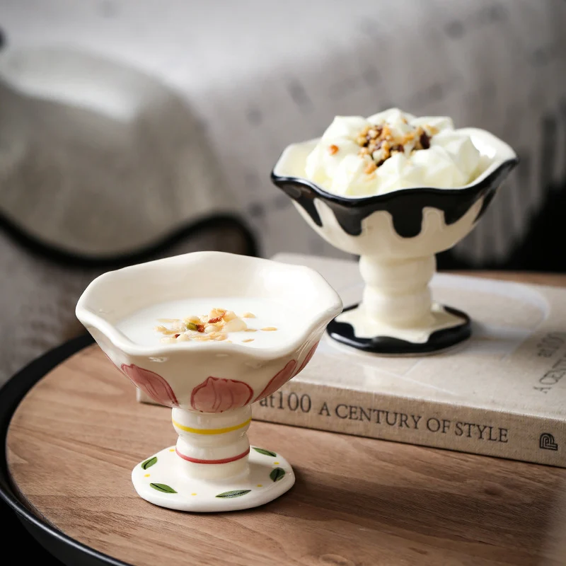 Underglaze Decorated Ceramic High Footed Cup Ice Cream Bowl Dessert — image 1