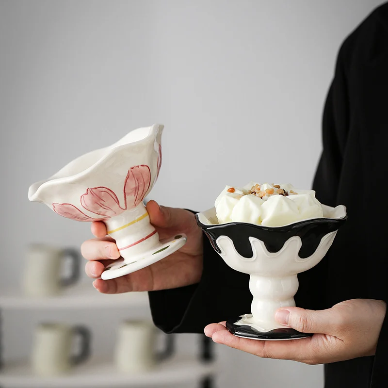 Underglaze Decorated Ceramic High Footed Cup Ice Cream Bowl Dessert — image 7