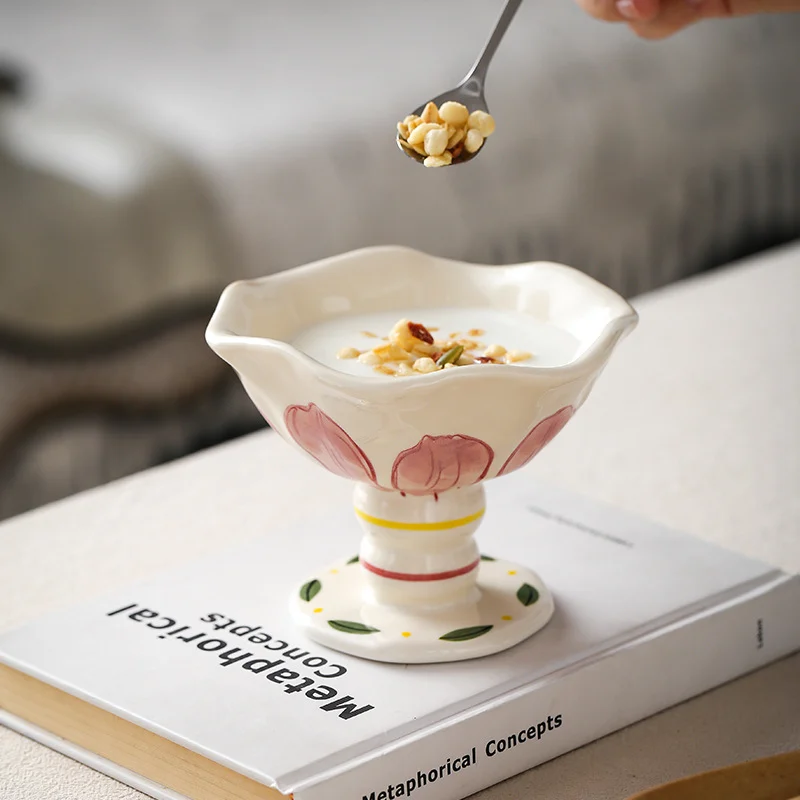 Underglaze Decorated Ceramic High Footed Cup Ice Cream Bowl Dessert — image 4