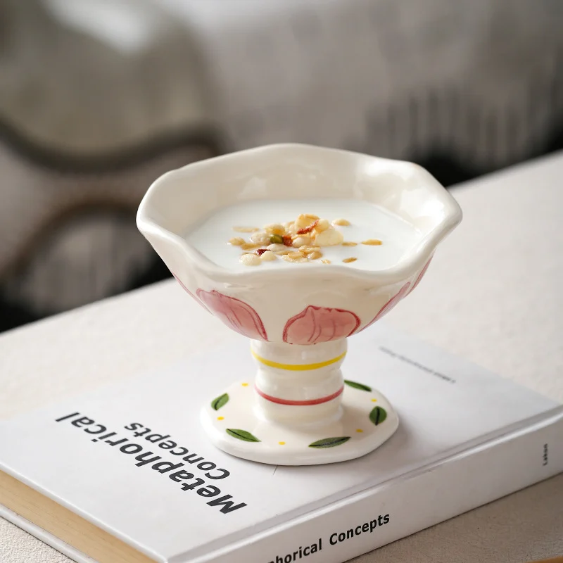 Underglaze Decorated Ceramic High Footed Cup Ice Cream Bowl Dessert — image 5