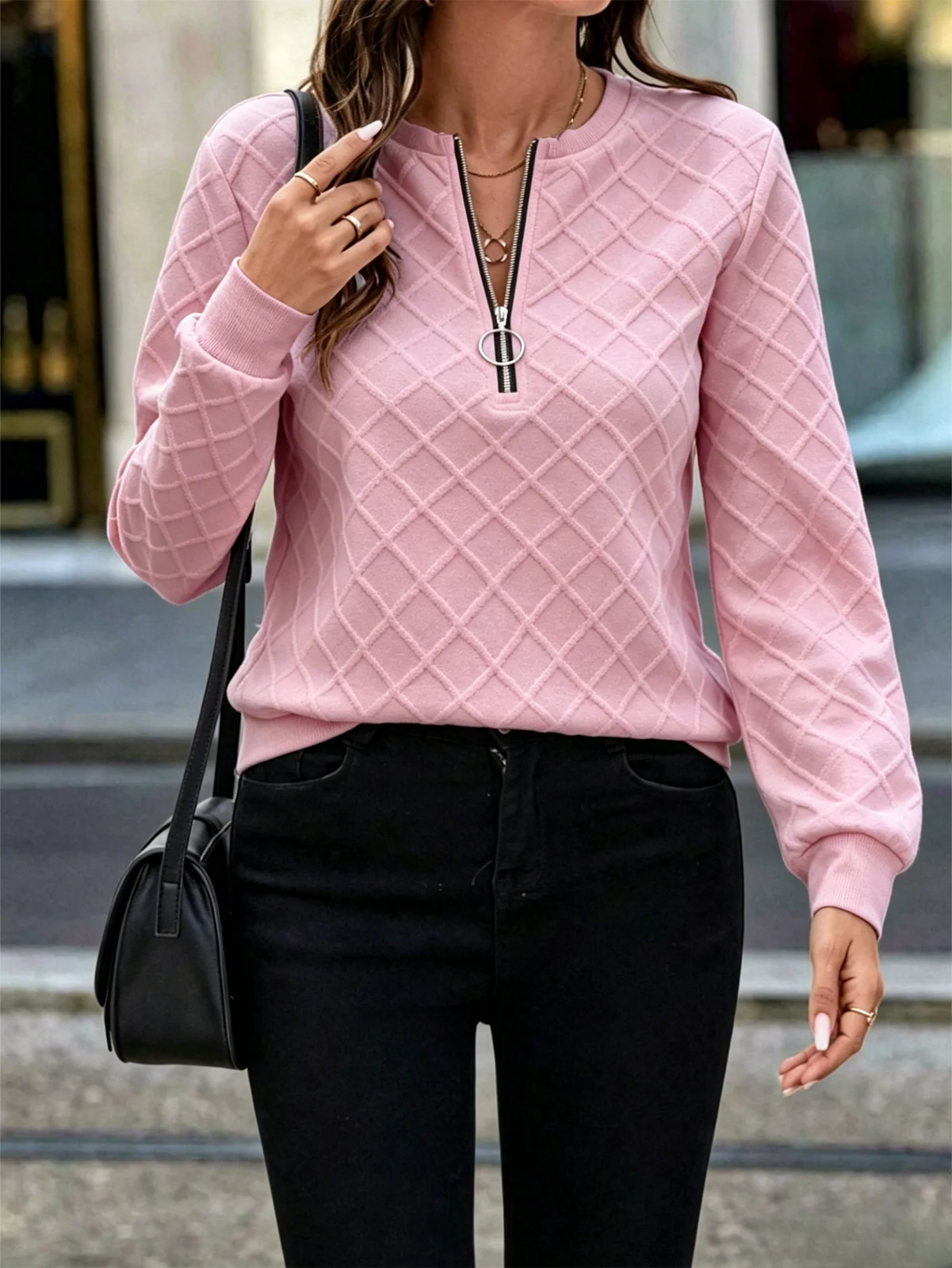 Urban Casual Top, Minimalist Diamond-pattern Zip-up Hoodie — image 3