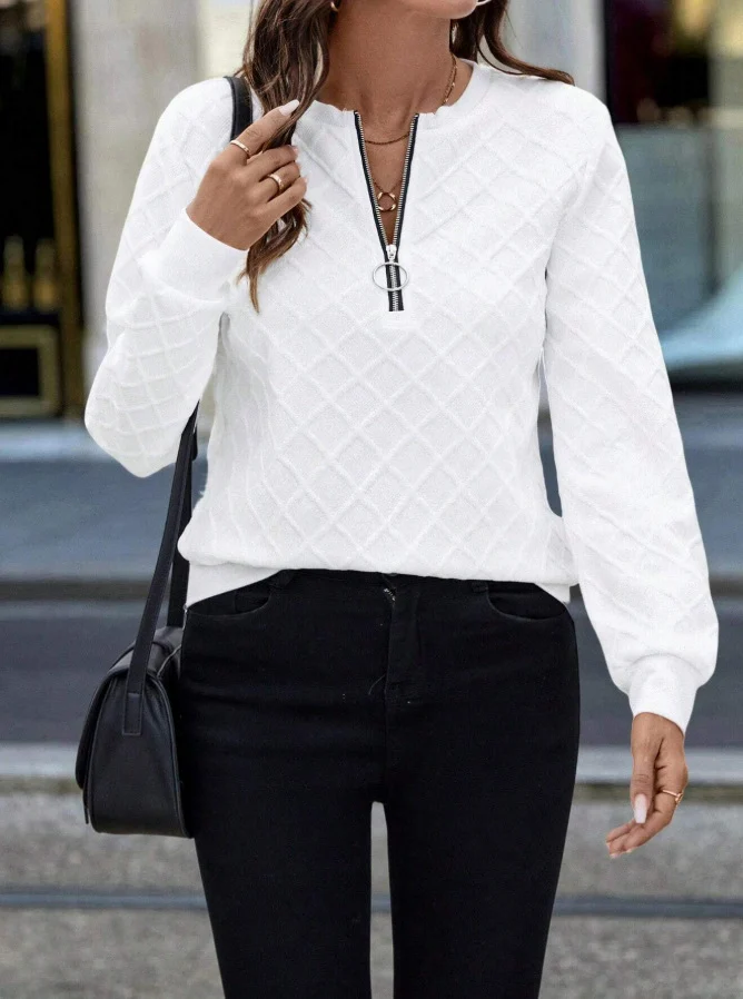 Urban Casual Top, Minimalist Diamond-pattern Zip-up Hoodie — image 9