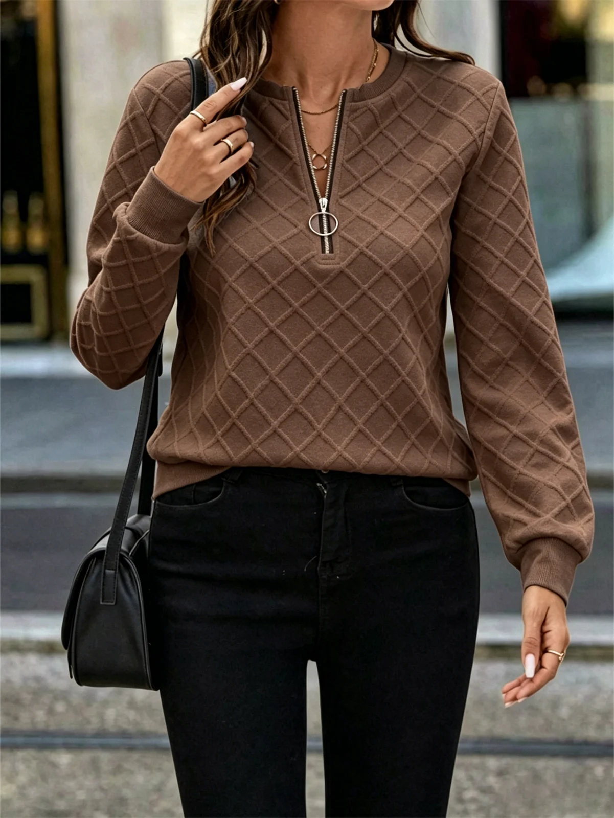 Urban Casual Top, Minimalist Diamond-pattern Zip-up Hoodie — image 1