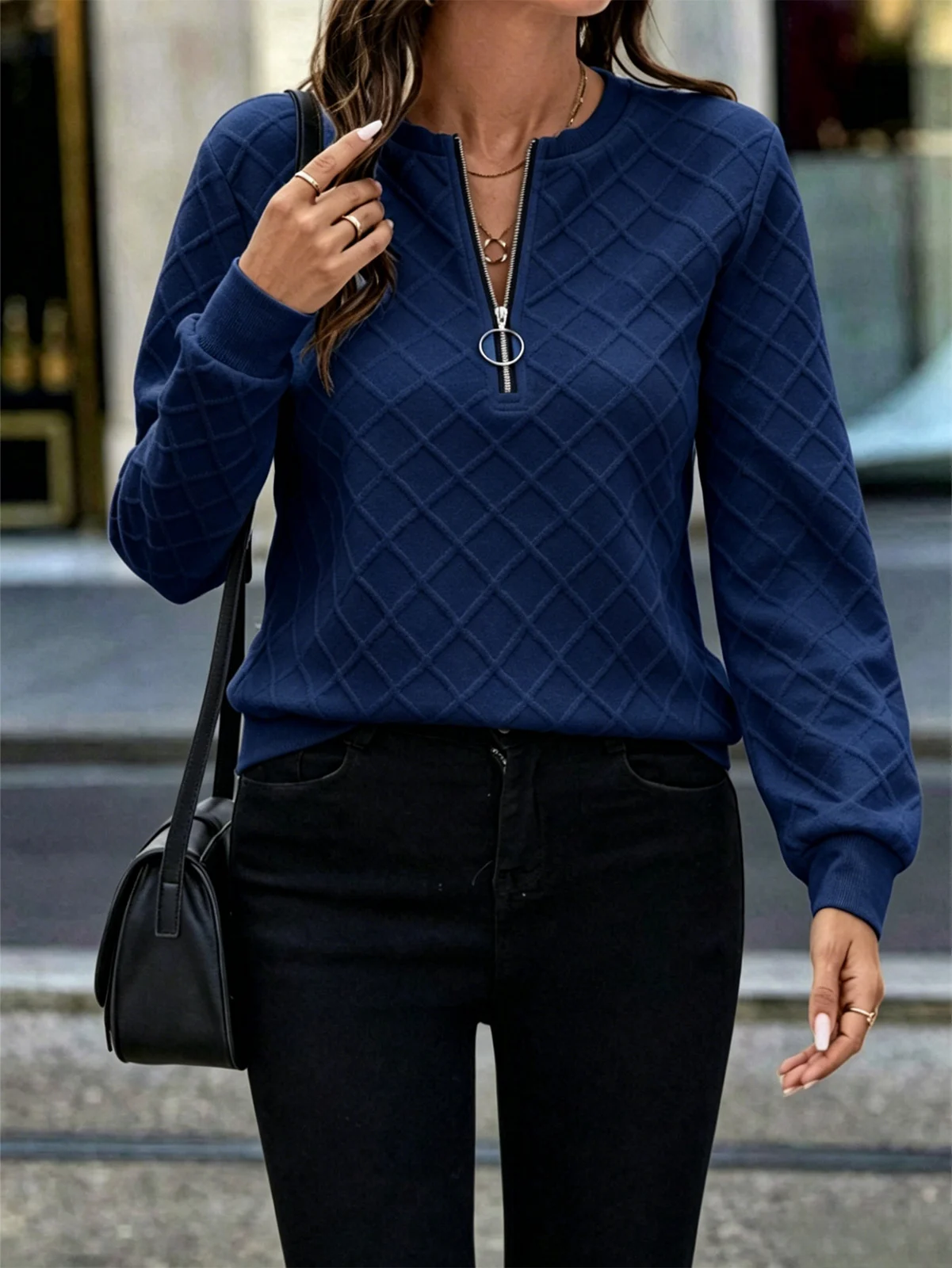 Urban Casual Top, Minimalist Diamond-pattern Zip-up Hoodie — image 7