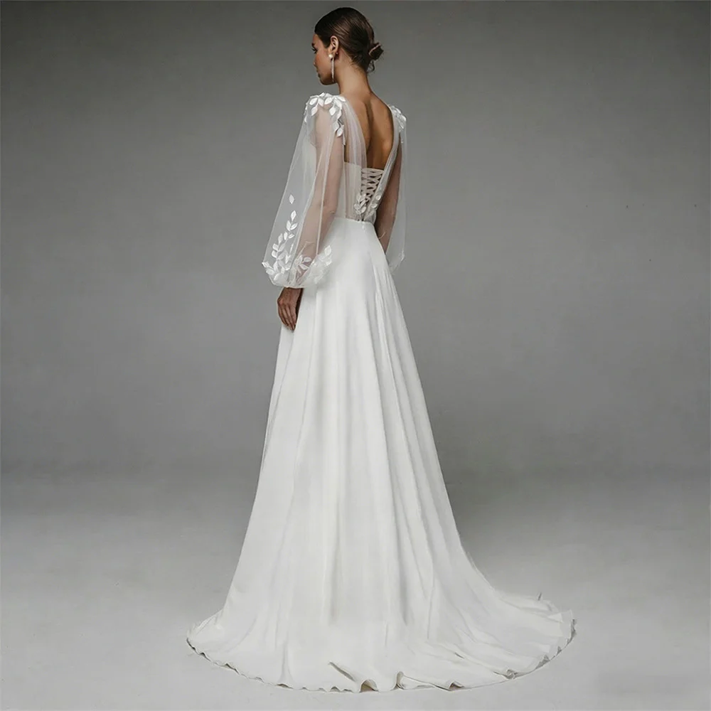 V-neck Sheer Bubble Long-sleeve Three-dimensional Floral Satin Wedding Dress — image 3