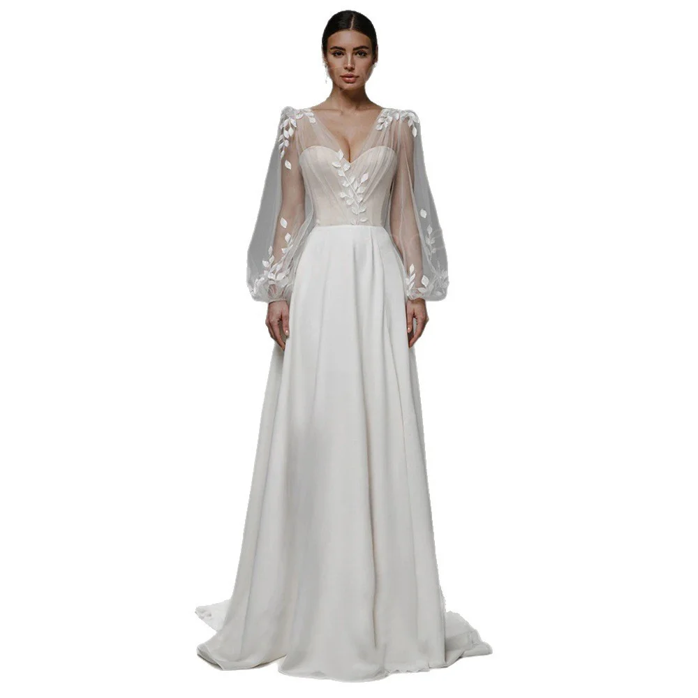 V-neck Sheer Bubble Long-sleeve Three-dimensional Floral Satin Wedding Dress — image 4