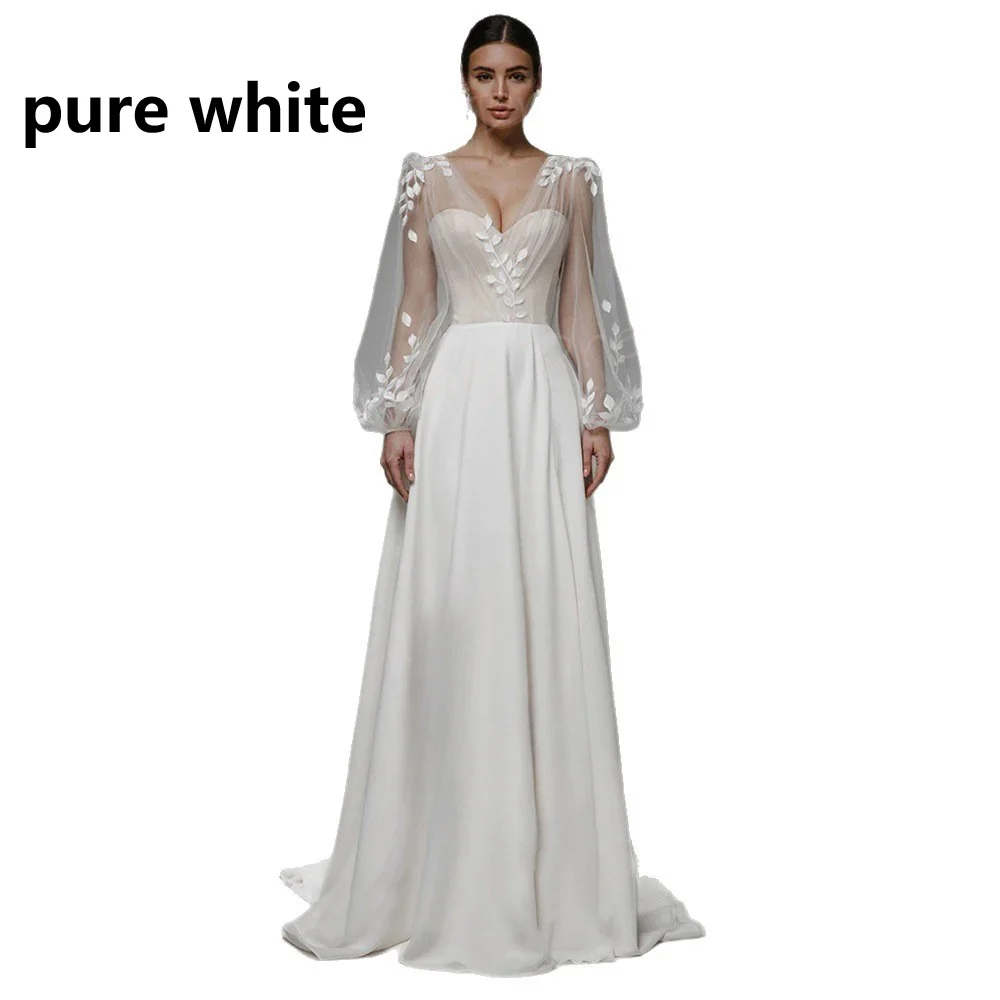 V-neck Sheer Bubble Long-sleeve Three-dimensional Floral Satin Wedding Dress — image 5