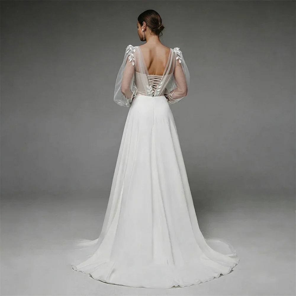 V-neck Sheer Bubble Long-sleeve Three-dimensional Floral Satin Wedding Dress — image 2