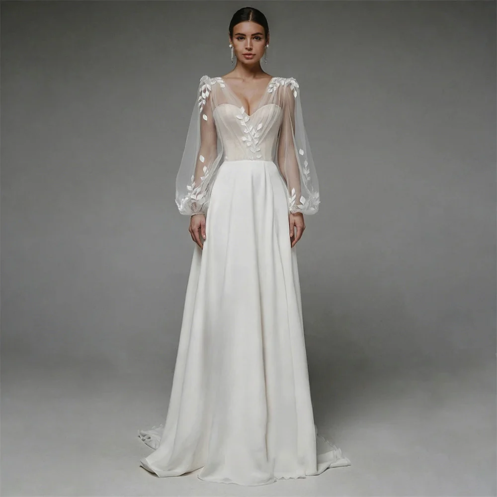 V-neck Sheer Bubble Long-sleeve Three-dimensional Floral Satin Wedding Dress — image 1