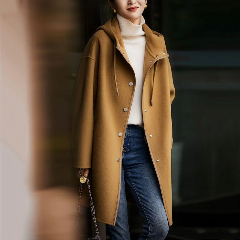 Versatile Hooded Patchwork Long-sleeve Wool Coat — image 1
