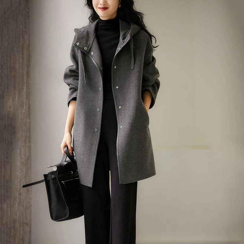 Versatile Hooded Patchwork Long-sleeve Wool Coat — image 5