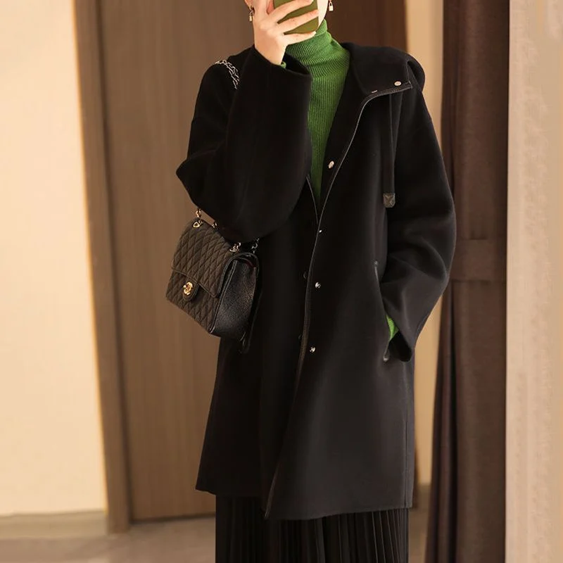 Versatile Hooded Patchwork Long-sleeve Wool Coat — image 2