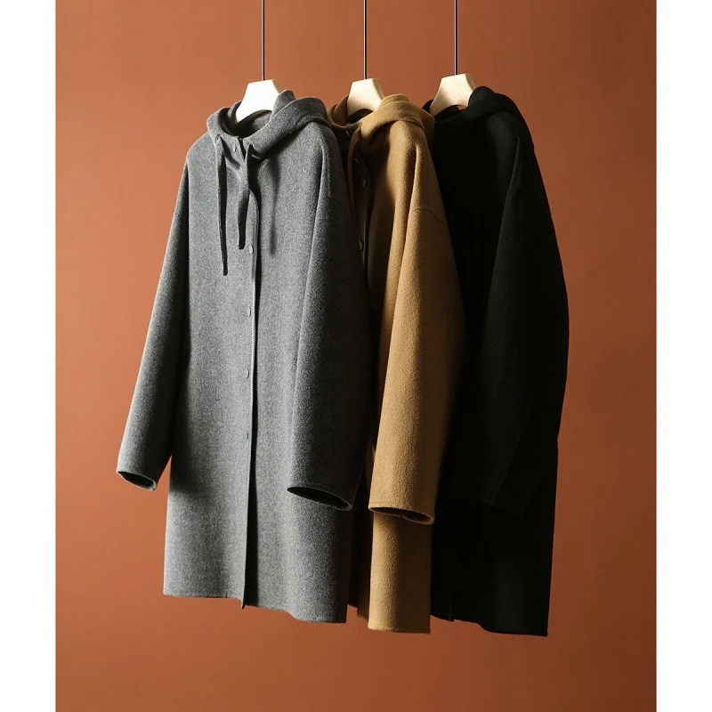 Versatile Hooded Patchwork Long-sleeve Wool Coat — image 3
