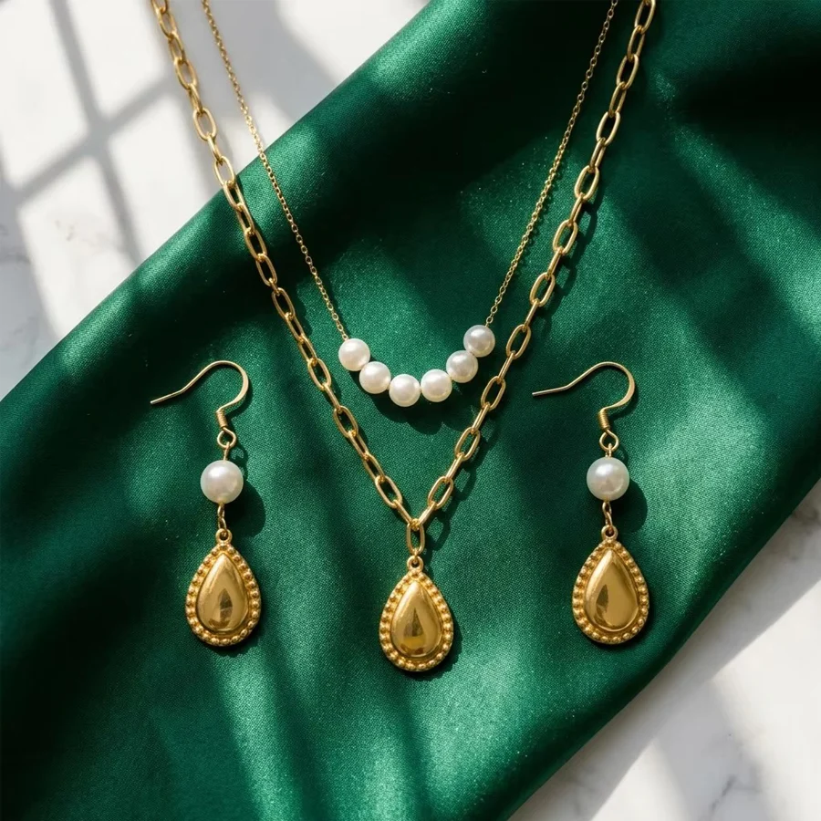 Vintage Double Layer Jewelry Set Stainless Steel Gold Tone Paperclip Chain Teardrop… — image 6