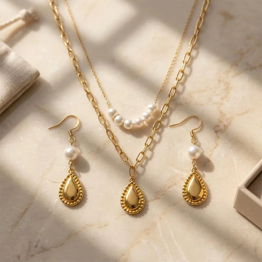 Vintage Double Layer Jewelry Set Stainless Steel Gold Tone Paperclip Chain Teardrop… — image 2