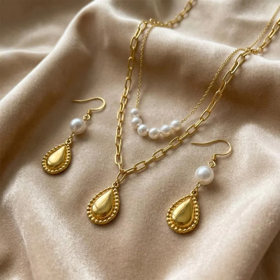 Vintage Double Layer Jewelry Set Stainless Steel Gold Tone Paperclip Chain Teardrop… — image 3