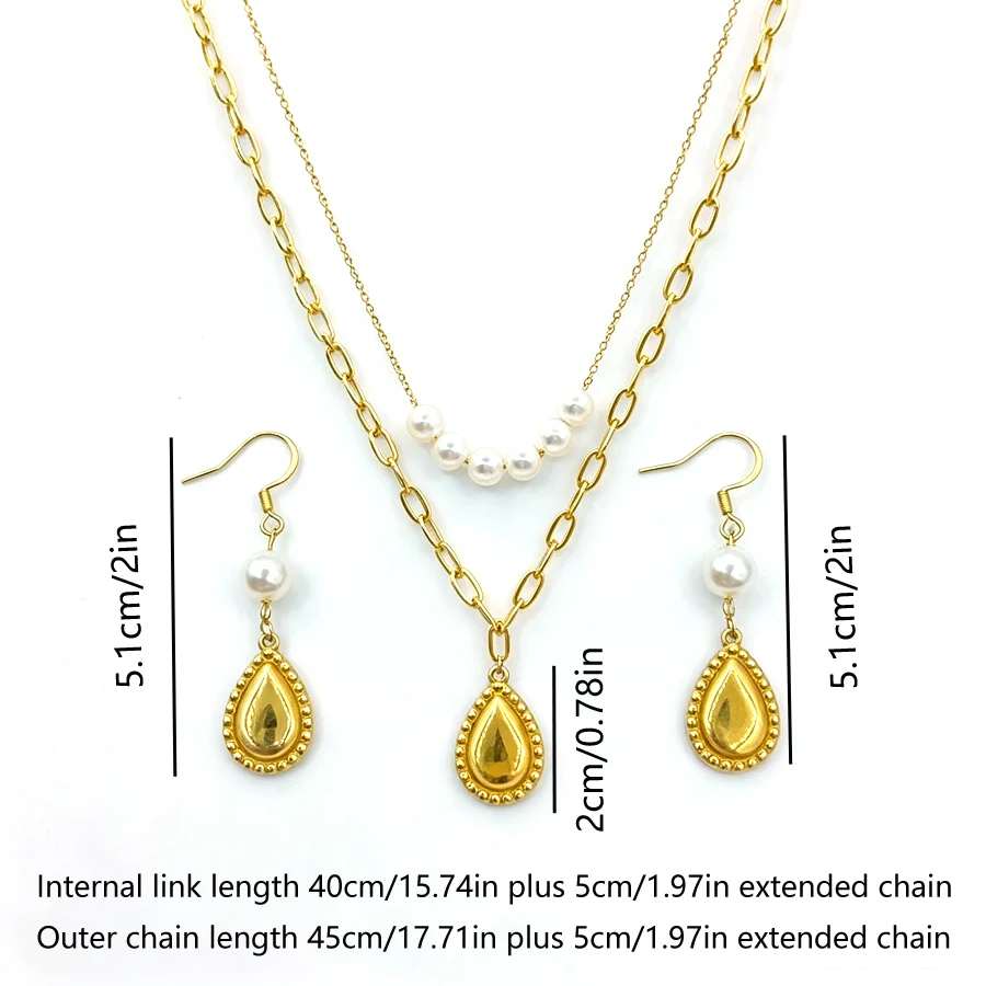 Vintage Double Layer Jewelry Set Stainless Steel Gold Tone Paperclip Chain Teardrop… — image 7