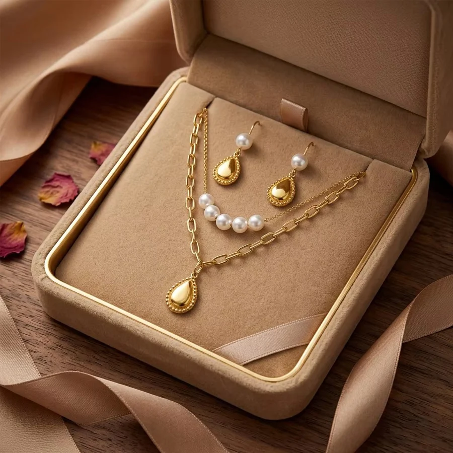 Vintage Double Layer Jewelry Set Stainless Steel Gold Tone Paperclip Chain Teardrop… — image 5