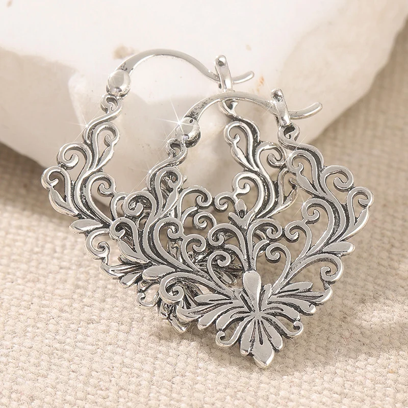 Vintage Floral Filigree Hoop Earrings Silver Tone Brass Women Boho Party Fashion… — image 2