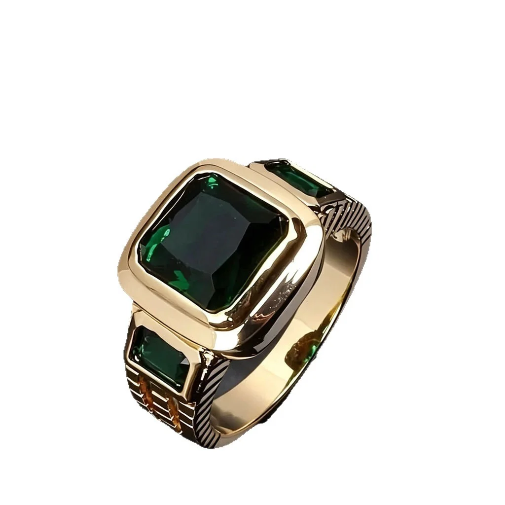 Vintage Green Square Crystal Ring Gold Tone Brass Unisex Daily Party Fashion Jewelry… — image 5