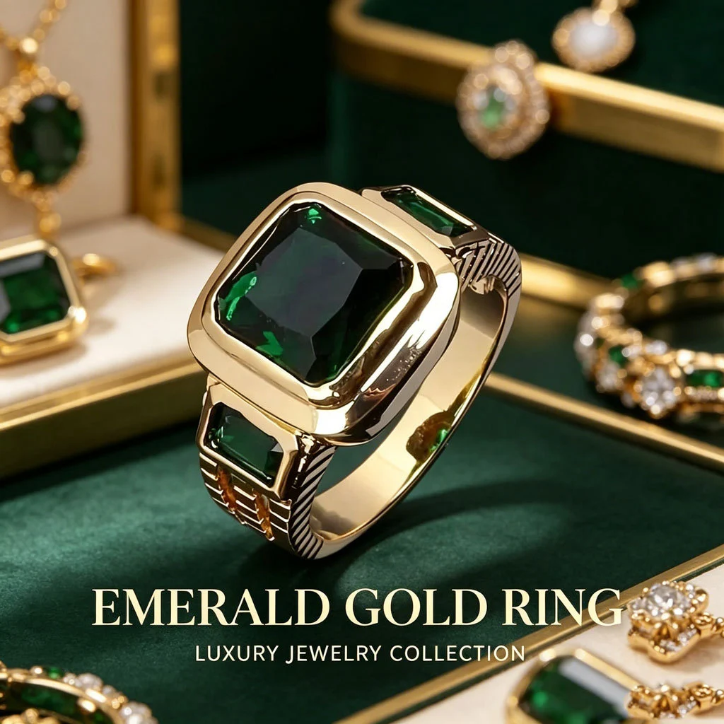Vintage Green Square Crystal Ring Gold Tone Brass Unisex Daily Party Fashion Jewelry… — image 2
