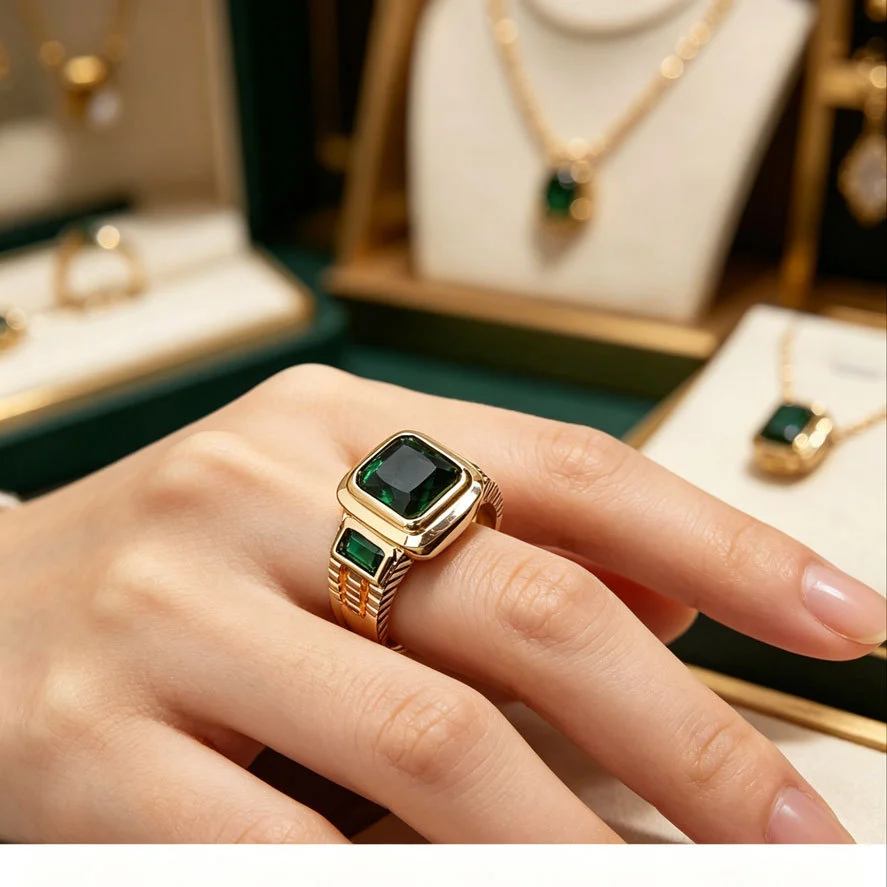 Vintage Green Square Crystal Ring Gold Tone Brass Unisex Daily Party Fashion Jewelry… — image 3