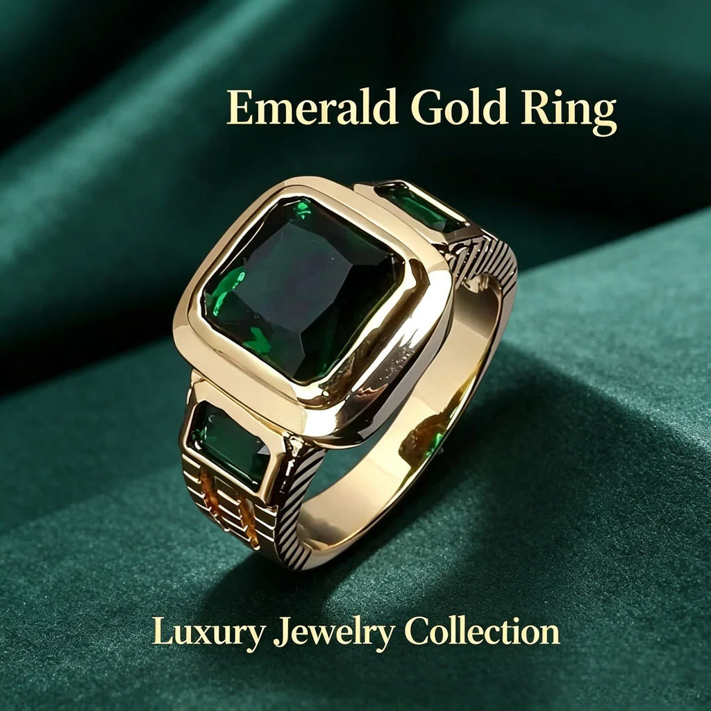 Vintage Green Square Crystal Ring Gold Tone Brass Unisex Daily Party Fashion Jewelry… — image 4