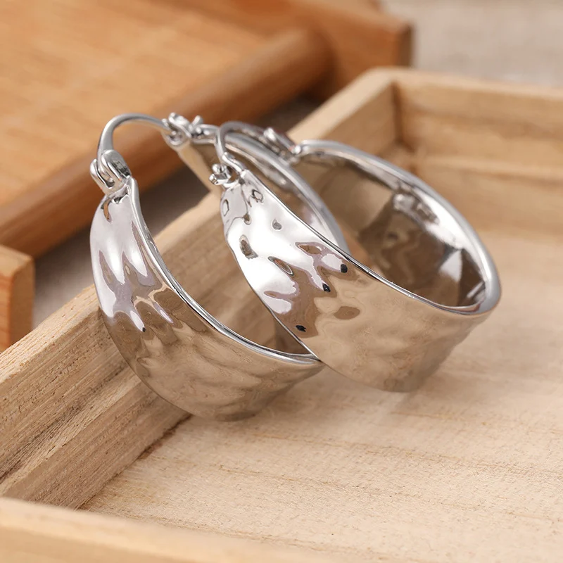 Vintage Hammered Chunky Hoop Earrings Silver Tone Brass Women Daily Party Fashion… — image 2