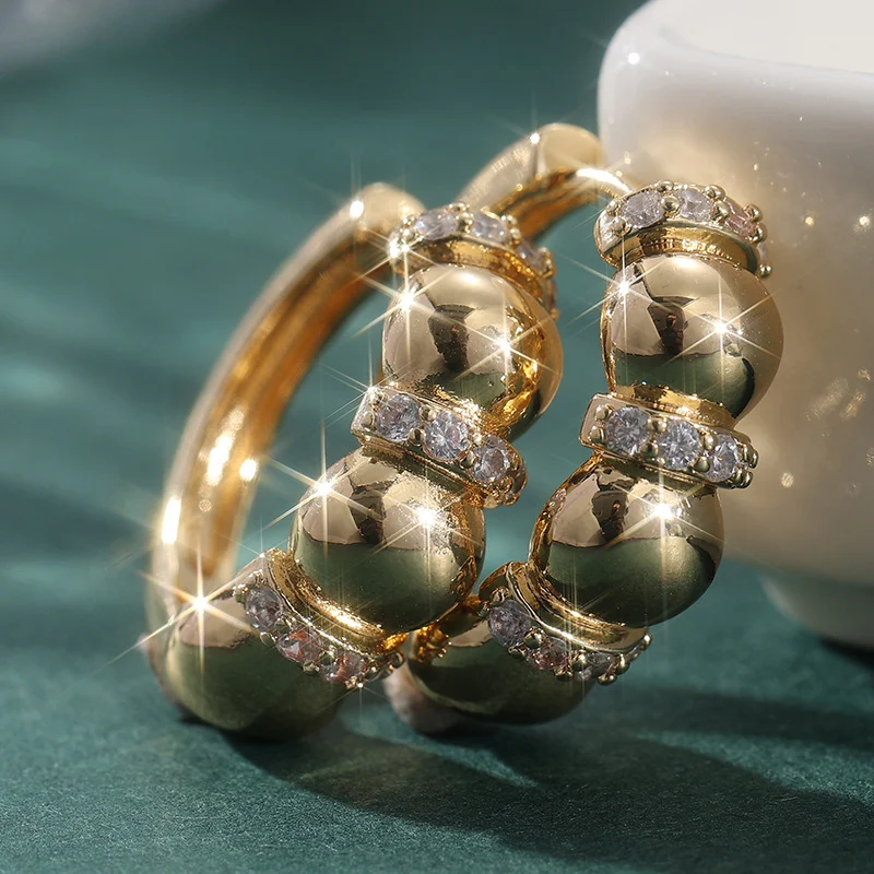 Vintage Metal Ball Crystal Hoop Earrings Gold Silver Tone Brass Women Party Fashion… — image 7