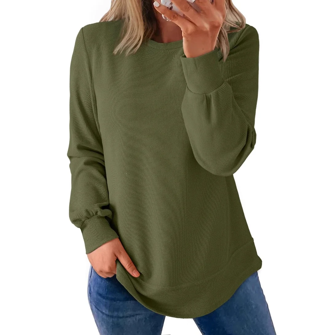 Waffle-knit Crew-neck Top With A Curved Hem And Relaxed Long Sleeves — image 2