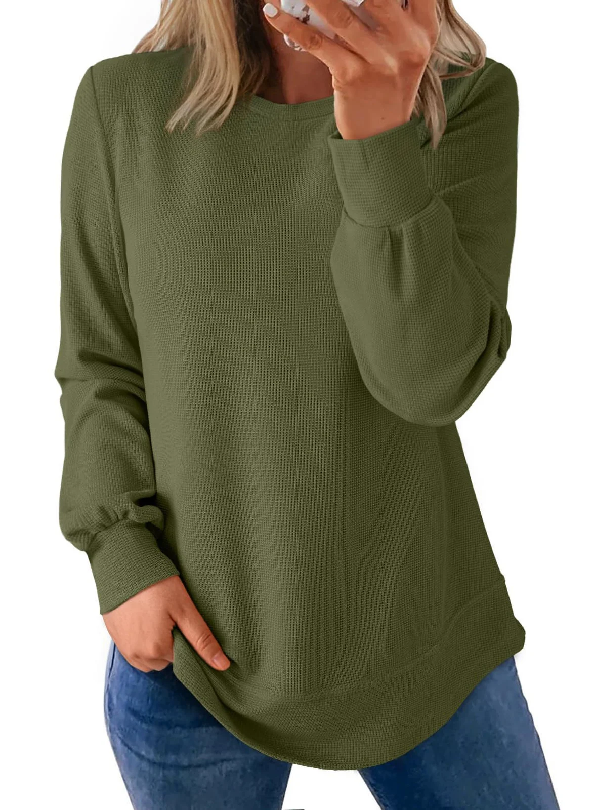 Waffle-knit Crew-neck Top With A Curved Hem And Relaxed Long Sleeves — image 5