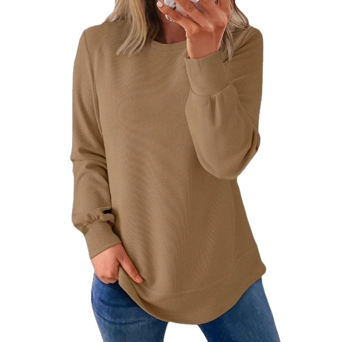 Waffle-knit Crew-neck Top With A Curved Hem And Relaxed Long Sleeves — image 3