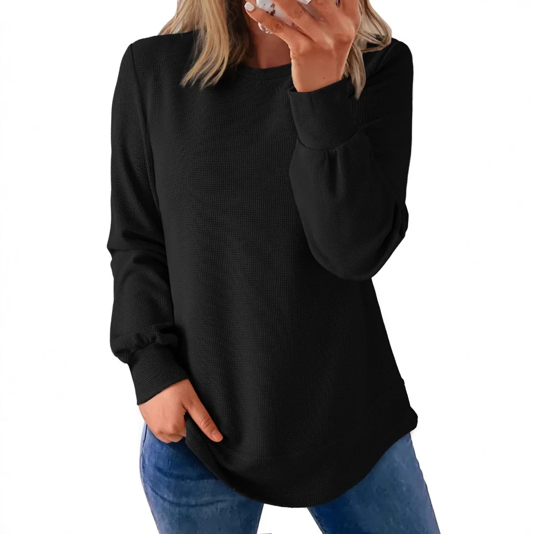 Waffle-knit Crew-neck Top With A Curved Hem And Relaxed Long Sleeves — image 1