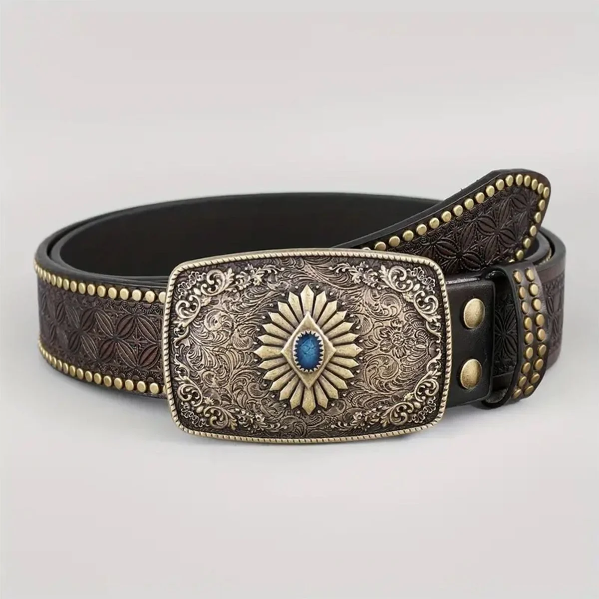 Western Cowboy Belt, Youth Punk Embossed Men's Studded Leather In-stock Ethnic Style Belt — image 12