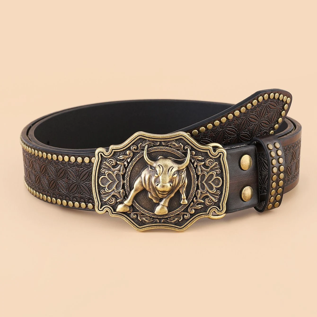 Western Cowboy Belt, Youth Punk Embossed Men's Studded Leather In-stock Ethnic Style Belt — image 7