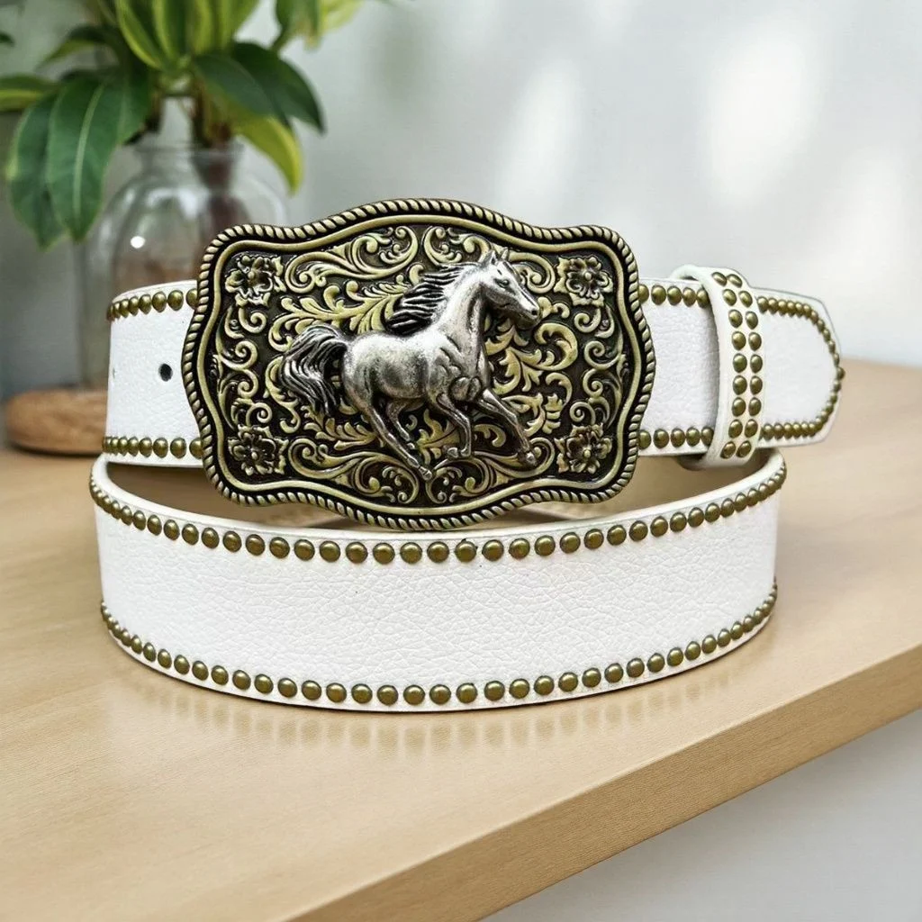 Western Cowboy Belt, Youth Punk Embossed Men's Studded Leather In-stock Ethnic Style Belt — image 2