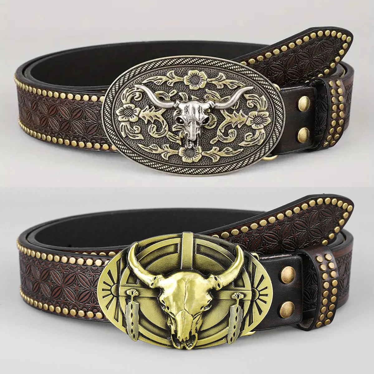 Western Cowboy Belt, Youth Punk Embossed Men's Studded Leather In-stock Ethnic Style Belt — image 8