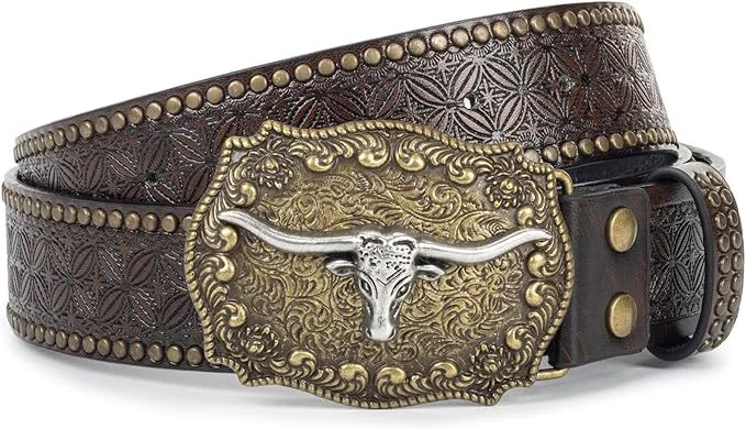 Western Cowboy Belt, Youth Punk Embossed Men's Studded Leather In-stock Ethnic Style Belt — image 14