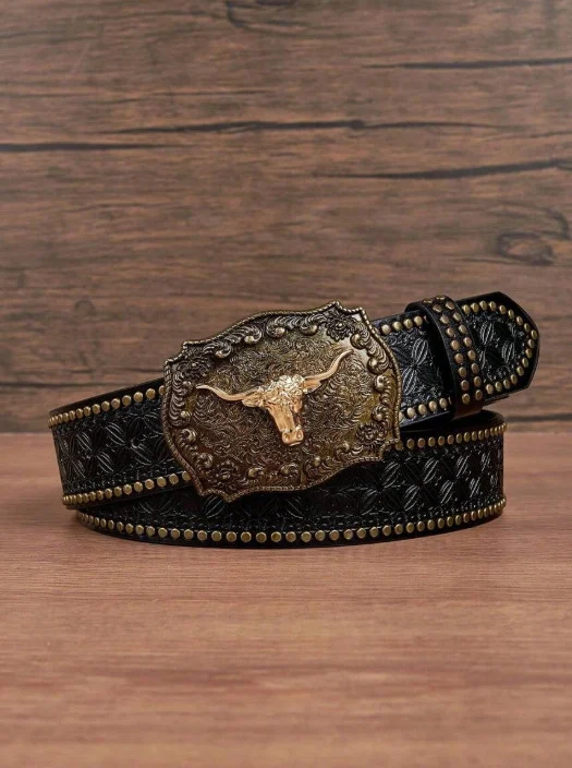 Western Cowboy Belt, Youth Punk Embossed Men's Studded Leather In-stock Ethnic Style Belt — image 16