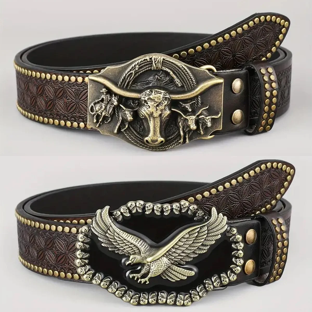 Western Cowboy Belt, Youth Punk Embossed Men's Studded Leather In-stock Ethnic Style Belt — image 6