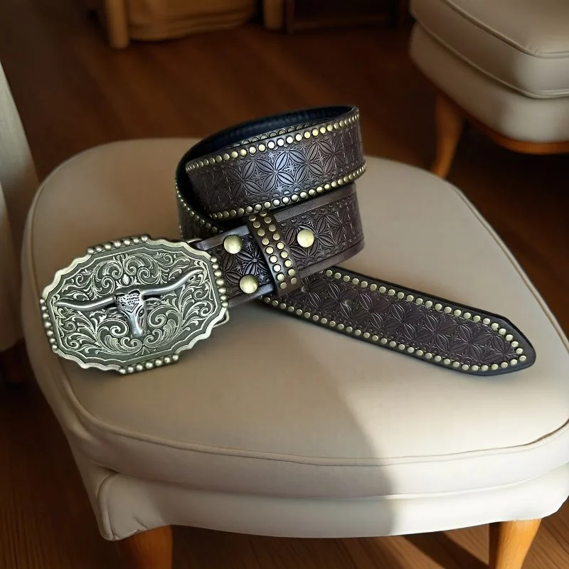 Western Cowboy Belt, Youth Punk Embossed Men's Studded Leather In-stock Ethnic Style Belt — image 5