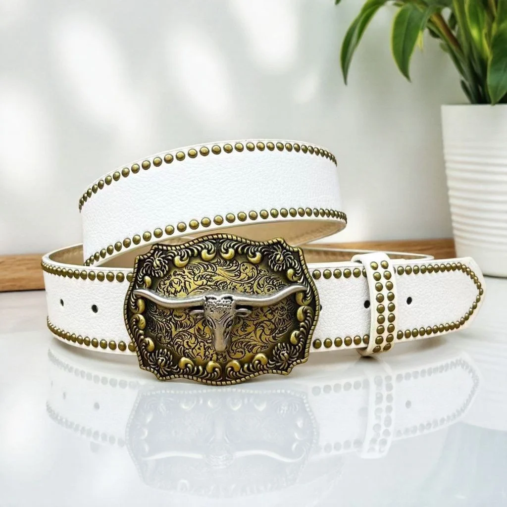 Western Cowboy Belt, Youth Punk Embossed Men's Studded Leather In-stock Ethnic Style Belt — image 15