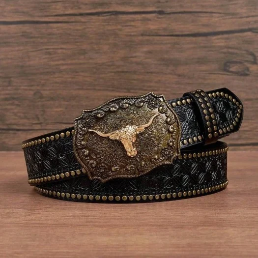 Western Cowboy Belt, Youth Punk Embossed Men's Studded Leather In-stock Ethnic Style Belt — image 4