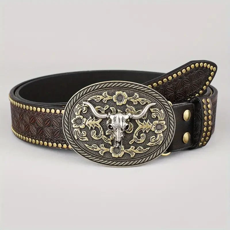 Western Cowboy Belt, Youth Punk Embossed Men's Studded Leather In-stock Ethnic Style Belt — image 11